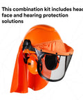 Lumberjack Hard Hat System with UV Indicator, Vent Mesh Visor, Ear Muffs, Rain Shield, 4 Point Ratchet Suspension, Debris Sealer