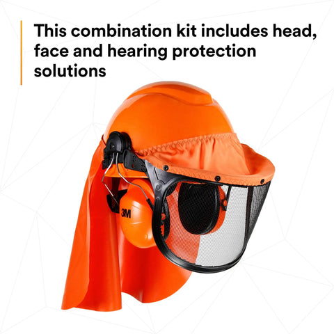 Lumberjack Hard Hat System with UV Indicator, Vent Mesh Visor, Ear Muffs, Rain Shield, 4 Point Ratchet Suspension, Debris Sealer