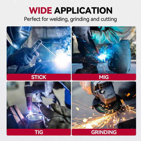 True Color Auto Darkening Welding Helmet With Upgraded Arc Sensor And One By One Optical Clarity Solar Powered Ultra Fast One Twenty Five Thousandth Second Response Time Shade Range Four To Thirteen Ideal For TIG MIG ARC Welding Mask Pro Grade Comfort in use for stick, MIG, TIG welding and grinding, showcasing versatility.
