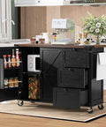 54 Inch Farmhouse Kitchen Cart Featuring A Nifty Power Outlet And Hefty Storage Space With Smooth Rolling Lockable Wheels And Sleek Black Finish, showcasing storage and prep space.