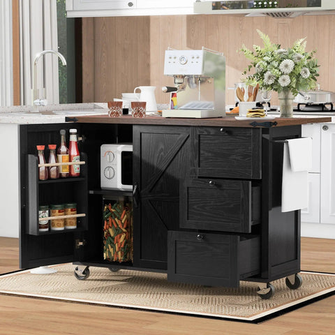 54 Inch Farmhouse Kitchen Cart Featuring A Nifty Power Outlet And Hefty Storage Space With Smooth Rolling Lockable Wheels And Sleek Black Finish, showcasing storage and prep space.