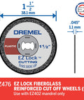 EZ Lock Rotary Tool Cut Off Wheels For Plastic One And One Half Inch 5 Pack showing dimensions and usage instructions.