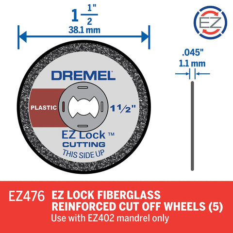 EZ Lock Rotary Tool Cut Off Wheels For Plastic One And One Half Inch 5 Pack showing dimensions and usage instructions.