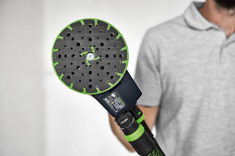 Soft Sanding Pad For 150mm Sanders With High Temperature Durability For Heavy Duty Jobs, shown on sanding tool handle