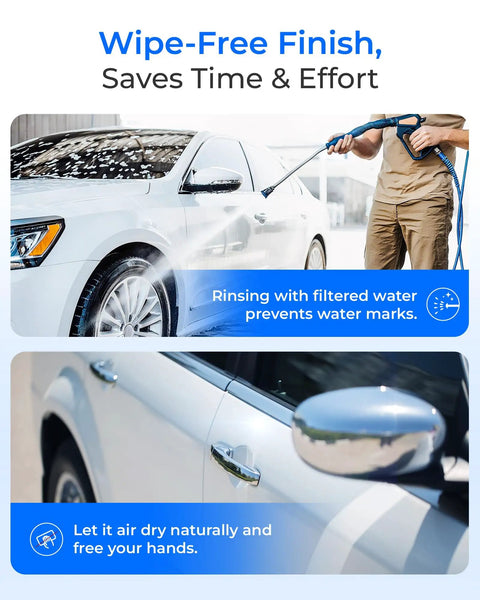 Spotless Car Wash Water Filter Replacement For WD CWE2 System With Resin Deionized Water For A Spot Free Finish Reduces Minerals And Calcium Magnesium Ions Easy Install; car wash scene with filtered water rinsing