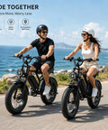 Two adults riding All Terrain Fat Tire Electric Bike For Adults With 1500W Peak Motor 28 MPH Top Speed And 50 Mile Range