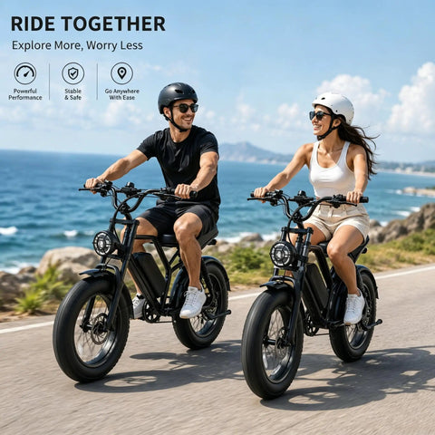 Two adults riding All Terrain Fat Tire Electric Bike For Adults With 1500W Peak Motor 28 MPH Top Speed And 50 Mile Range