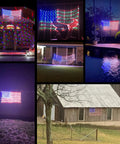 Collage of Patriotic Flag Net Light With 420 Super Bright LEDs Waterproof IP45 Outdoor String Lights displayed on various outdoor structures