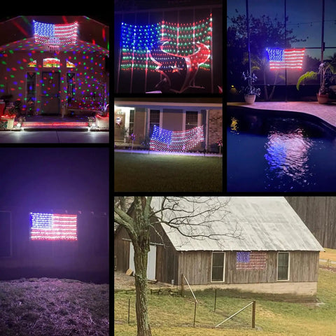 Collage of Patriotic Flag Net Light With 420 Super Bright LEDs Waterproof IP45 Outdoor String Lights displayed on various outdoor structures