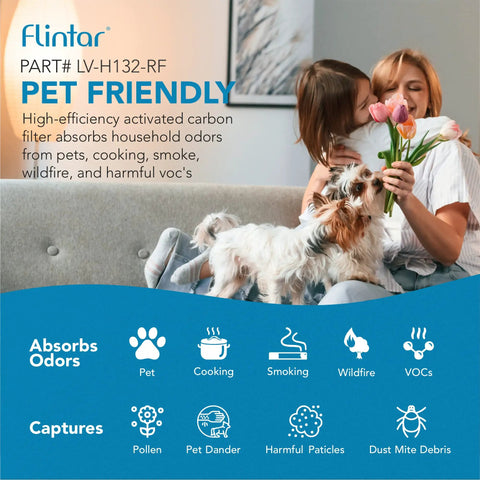 Family with dog on couch, emphasizing pet-friendly Replacement Filter For Levoit LV-H132 Air Purifier With H13 True HEPA Filter.