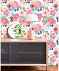 Peel And Stick White Floral Wallpaper With Pink Peonies And Eucalyptus For Nursery Or Bedroom Boho Vibe Removable Vinyl Contact Paper for walls