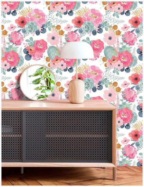 Peel And Stick White Floral Wallpaper With Pink Peonies And Eucalyptus For Nursery Or Bedroom Boho Vibe Removable Vinyl Contact Paper for walls