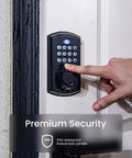 A100F Keypad Fingerprint Door Lock With Keyless Entry, Smart Front Door Deadbolt on white door, wet, hand touching keypad.