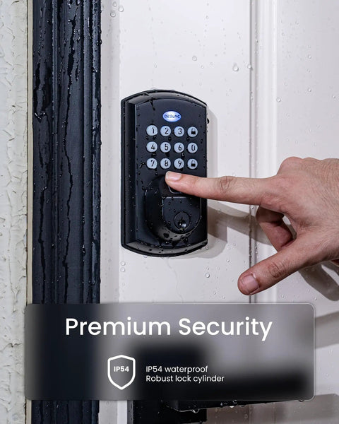 A100F Keypad Fingerprint Door Lock With Keyless Entry, Smart Front Door Deadbolt on white door, wet, hand touching keypad.