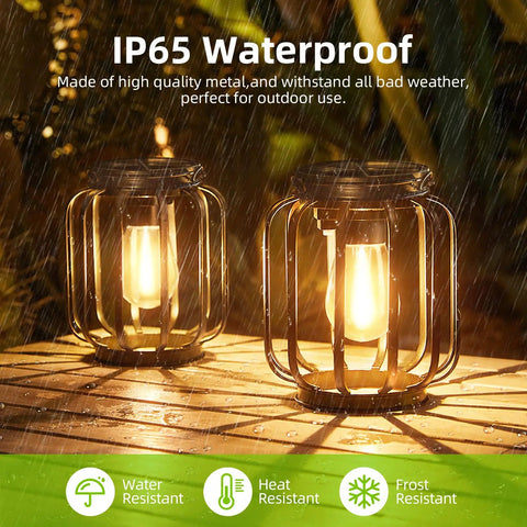 Outdoor Solar Lanterns Pack Of 4 Waterproof Metal Hanging Lights with Hooks glowing warmly under rain on a deck.