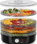 Professional Electric Countertop Food Dehydrator With Five Stackable Trays displaying sliced fruit and vegetables.