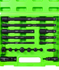 Heavy Duty 18-Piece Impact Socket Extension Set for 1/4, 3/8, and 1/2 Inch Drive in green case with chrome vanadium steel.