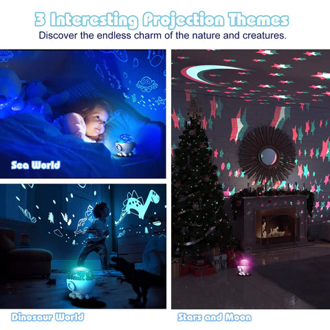 Kids Night Light With Remote And Timer, 360 Degree Rotation Projector With 3 Films in Star Moon Sea And Dino Themes lit up in room