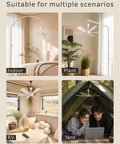 Kicking Airflow 18 Inch Usb Ceiling Fan With Remote Control And 6 Speed Settings featuring indoor, plant, RV, and tent setup.