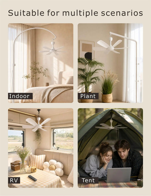 Kicking Airflow 18 Inch Usb Ceiling Fan With Remote Control And 6 Speed Settings featuring indoor, plant, RV, and tent setup.