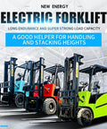 Effortless Electric Forklift Truck And Portable Pallet Stacker in blue, red and green for material transport and warehouse use.