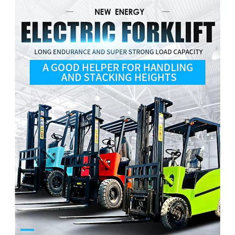 Effortless Electric Forklift Truck And Portable Pallet Stacker in blue, red and green for material transport and warehouse use.