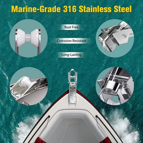 Bow anchor roller assembly on a boat bow; hinged self-launching, 316 stainless steel for 33-66 lb Delta anchors.