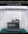 Top Shelf Aluminum Clean Bench Workstation With Dead Simple Triple Fan Ventilation And Electrostatic Curtain For Labs And Cleanrooms Built Tough With Heavy Duty Silicone Pad Quick Snap Assembly Gonna Love This Rig, featuring large workbench and fan system.