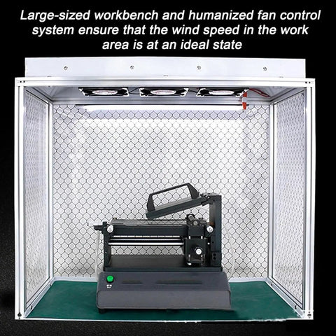 Top Shelf Aluminum Clean Bench Workstation With Dead Simple Triple Fan Ventilation And Electrostatic Curtain For Labs And Cleanrooms Built Tough With Heavy Duty Silicone Pad Quick Snap Assembly Gonna Love This Rig, featuring large workbench and fan system.
