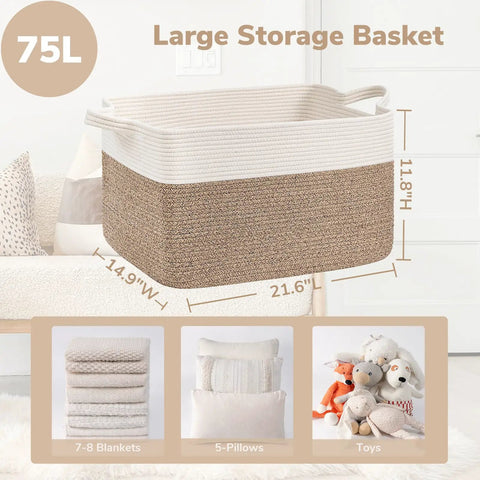 Oversized Woven Blanket Storage Basket, 21.6 Inch Long By 14.9 Inch Wide By 11.8 Inch High, 75L Capacity, White And Brown Cotton Rope