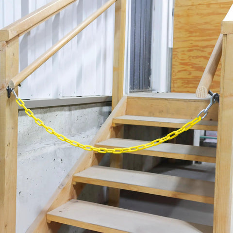 Yellow Plastic Barrier Chain For Safety And Crowd Control, 125 Feet Long And 2 Inches Wide on wooden stairway for safety