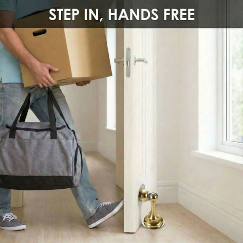 Magnetic Door Stop 2 Pack Heavy Duty Stainless Steel No Drill Wall Or Floor Mount With 3M Tape Or Screws Strong Magnet Keeps Doors Open Full Round Head Golden Finish installed on floor