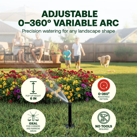 6-Inch Pop Up Sprinkler Head 5-Pack With Adjustable 0 To 360 Degree Arc Nozzle For Lawns And Gardens, Up To 15 Feet Spray Distance, 1/2 In NPT Inlet, Pro Grade Irrigation Heads For Landscaping in action in a garden setting
