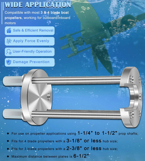 Beefy Boat Prop Puller Tool For 3 And 4 Blade Props Fits Prop Shafts From One And One Quarter Inch To One And One Half Inch Hub Size Two And Three Eighths Inch For Three Blade And Three And One Eighth Inch Or Less For Four Blade Marine Prop Removal Tool on blue background with application details.