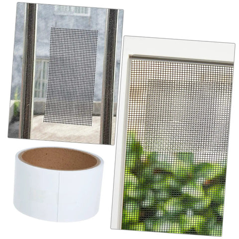 Window Screen Repair Tape Kit Self Adhesive Patch For Quick Fixes And Easy Installation Strong Adhesion For Windows And Doors Tents And More Reusable Glass Fiber Patch applied on a window screen with a roll of tape nearby.