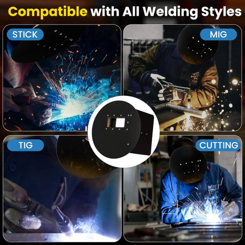Pancake Welding Hood Helmet With 2x4 Lens Compatibility used in MIG, TIG, stick, and cutting applications by various welders.