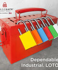 Lockout Tagout Locks Set with Ten Orange LOTO Padlocks Keyed Alike, attached to a red lockbox, OSHA Compliant.