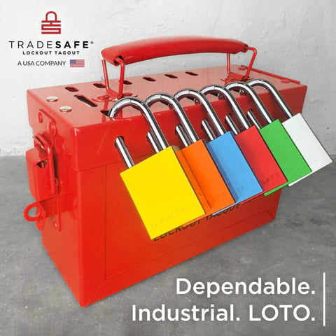 Lockout Tagout Locks Set with Ten Orange LOTO Padlocks Keyed Alike, attached to a red lockbox, OSHA Compliant.