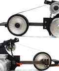 Badass Industrial Variable Speed 71 Inch Belt Grinder With 3 Grinding Wheels And Heavy Duty Base for Pro Knife Makers showing motor and pulley systems.