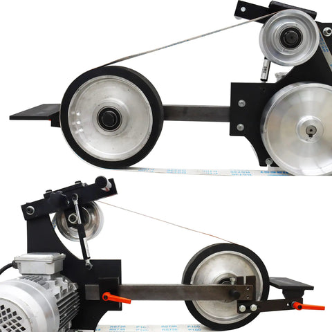 Badass Industrial Variable Speed 71 Inch Belt Grinder With 3 Grinding Wheels And Heavy Duty Base for Pro Knife Makers showing motor and pulley systems.