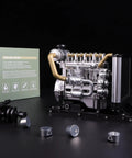 Boss Mini Diesel Engine Model Kit With Real Working OHV Four Cylinder Mechanism Slick Metal DIY Assembly Set Legit Educational Mechanical Engineering Toy For Gearheads And Makers 300 Pieces, detailed engine model shown with components.