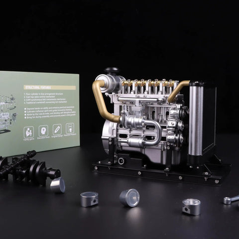 Boss Mini Diesel Engine Model Kit With Real Working OHV Four Cylinder Mechanism Slick Metal DIY Assembly Set Legit Educational Mechanical Engineering Toy For Gearheads And Makers 300 Pieces, detailed engine model shown with components.