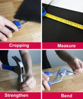 Four images of the 247 Piece Basic Home Repair Tool Set With Aluminum Case And Ample Pocket Storage in use: cropping, measuring, hammering, and bending.