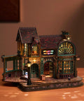 3D Wooden Puzzle Bookstore With LED Lights Spellbound Miniature Kit for DIY home decor on a table, glowing warmly.
