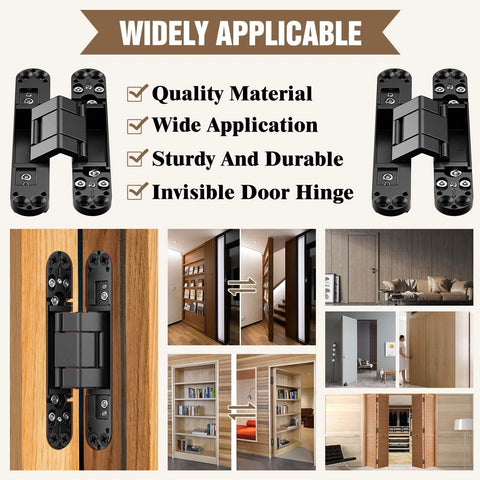 Hidden Door Hinges 6 Inch Black Invisible Door Hinge With 3 Way Adjustable Butt Hinge And 180 Degree Swing Concealed Zinc Alloy Hardware For Frameless Doors No Visible Pins Seamless Modern Look