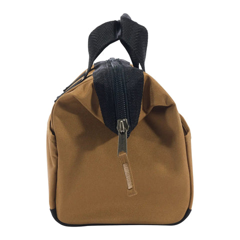 Side view of Beefy Duty Tool Bag with Large Zip Main Compartment, showing durable brown fabric and sturdy handles.