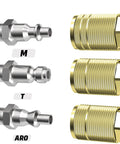 Brass Air Hose Fittings One Quarter Inch Body Size M Type Plug NPT Female Threads Ten Piece Air Compressor Coupler Set close-up