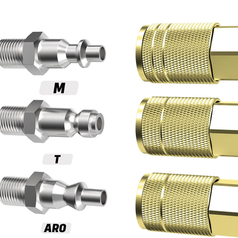 Brass Air Hose Fittings One Quarter Inch Body Size M Type Plug NPT Female Threads Ten Piece Air Compressor Coupler Set close-up
