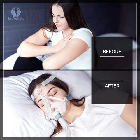 Before and after therapy with Universal 19mm CPAP Tubing Hose, user sitting then lying with mask and CPAP connected.