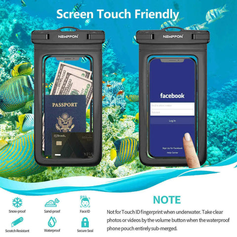 4 Pack 8.5 Inch Waterproof Phone Pouches with Lanyard for Beach and Travel, featuring clear phone pouch with passport and cash inside